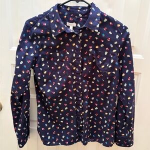 Talbots Petite Small Navy Blue Acorn Print Blouse 100% Cotton